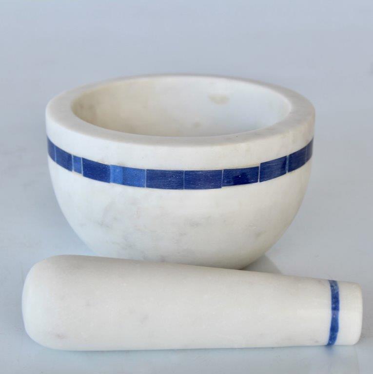 White Marble Pestle & Mortar Blue Inlay